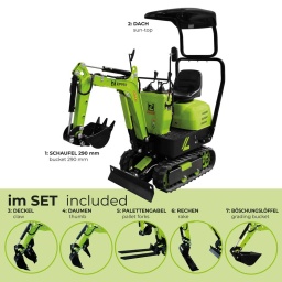 La mini-pelle ZIPPER ZI-MBG600S7 est conçue pour les travaux d'excavation, de terrassement et pour diverses applications en aménagement paysager et en construction. Dotée d'un moteur à essence de 6,8 kW, elle est idéale pour une multitude de tâches autour de la maison, au jardin et sur les chantiers.
Sa conception compacte, avec une largeur d'environ 700 mm, facilite l'accès aux espaces restreints et aux passages étroits, tandis que ses larges chenilles de 150 mm assurent une excellente stabilité. La mini-pelle est livrée avec 7 accessoires pour différentes applications, telles que l'excavation, le nivellement et le transport de matériaux grâce aux fourches à palettes incluses.Convient aussi bien aux particuliers qu'aux professionnels.
Moteur essence 6,8 kW avec démarrage électrique
Vitesse de déplacement : 1,7 km/h
Force d'arrachement de la flèche : 4,75 kN ou force d'arrachement du godet : 8,8 kN
Vitesse de rotation : 9,3 tr/min
Amplitude de rotation de la flèche : +/-70°
Chenilles en caoutchouc de 150 mm de large
Largeur des chenilles : 690 mm, idéale pour les passages étroits
Équipements inclus: Kit d'accessoires 7 pièces, comprenant :
Godet standard (290 mm)
Pare-soleil
Poignée
Housse
Râteau
Fourches à palettes
Godet de tranchée
Données sur les moteurs
Puissance moteur S1 W
6800
Cylindrée cc
302 9CV
Démarreur
Elektro/electric
Type de carburant
E95
Capacité du réservoir L
3,6
dimensions
Dimensions machine mm
2223 x 700 x 1590 (2080)
Niveau puissance sonore- vibreur
Niveau de puissance sonore en dB
93
Poids
Poids brut kg
738
Poids net kg
600
emballage
Largeur emballage mm
730
Longueur emballage mm
2.270
Hauteur emballage mm
1.290
Information générale
Code EAN
9120039236230
