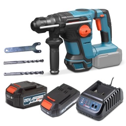 Marque:X-PERFORMERGarantie:3 ansDescription:Le puissant marteau perforateur rechargeable PXRH4BL-S24A est idéal pour tous les travaux de perforation et de burinage. Avec 5500 coups par minute et une vitesse variable de 0-1200 tours par minute, il est capable de travailler différents matériaux tels que l'acier (13 mm), le bois (40 mm) et la pierre (28 mm). Le mandrin SDS+ permet le changement rapide du burin ou du forêt.Léger et compact, ce marteau perforateur est très ergonomique. Pour un confort de travail absolu, il possède une poignée soft grip ainsi qu'une lampe LED qui éclaire la zone de travail, de plus il est livré avec 2 mèches SDS (10 – 12mm).
Grâce à une puissance de 20V, ses 4 fonctions et un moteur brushless apportant une puissance plus élevée et une durée de vie plus longue ce marteau perforateur répondra à toutes vos exigences, même les plus élevées.Il est livré avec une batterie 2Ah, une batterie 4Ah et un chargeur rapide(1H pour une batterie 2Ah et 2H pour batterie 4Ah).La marteau perforateur sans fil PXRH4BL-S24A est garanti 10 ans. (les batteries et le chargeur sont garantis 2 ans)Caractéristiques :- Puissance: 20V max- 4 joules- Vitesse variable: 0-1200 t/min- Impact: 0-5500 coups/min- Mandrin SDS+- 4 fonctions- Capacité de perçage: Acier 13 mm - Bois 40 mm - Pierre 28 mm- Livré en boite couleur avec 1 batterie 2Ah, 1 batterie 4Ah et 1 chargeur rapide.- Lampe LED éclairant la zone de travail- Poignée soft grip- Moteur brushless pour une plus grande durée de vieCode EAN/GLN:5411074315108Poids:5.70 kg